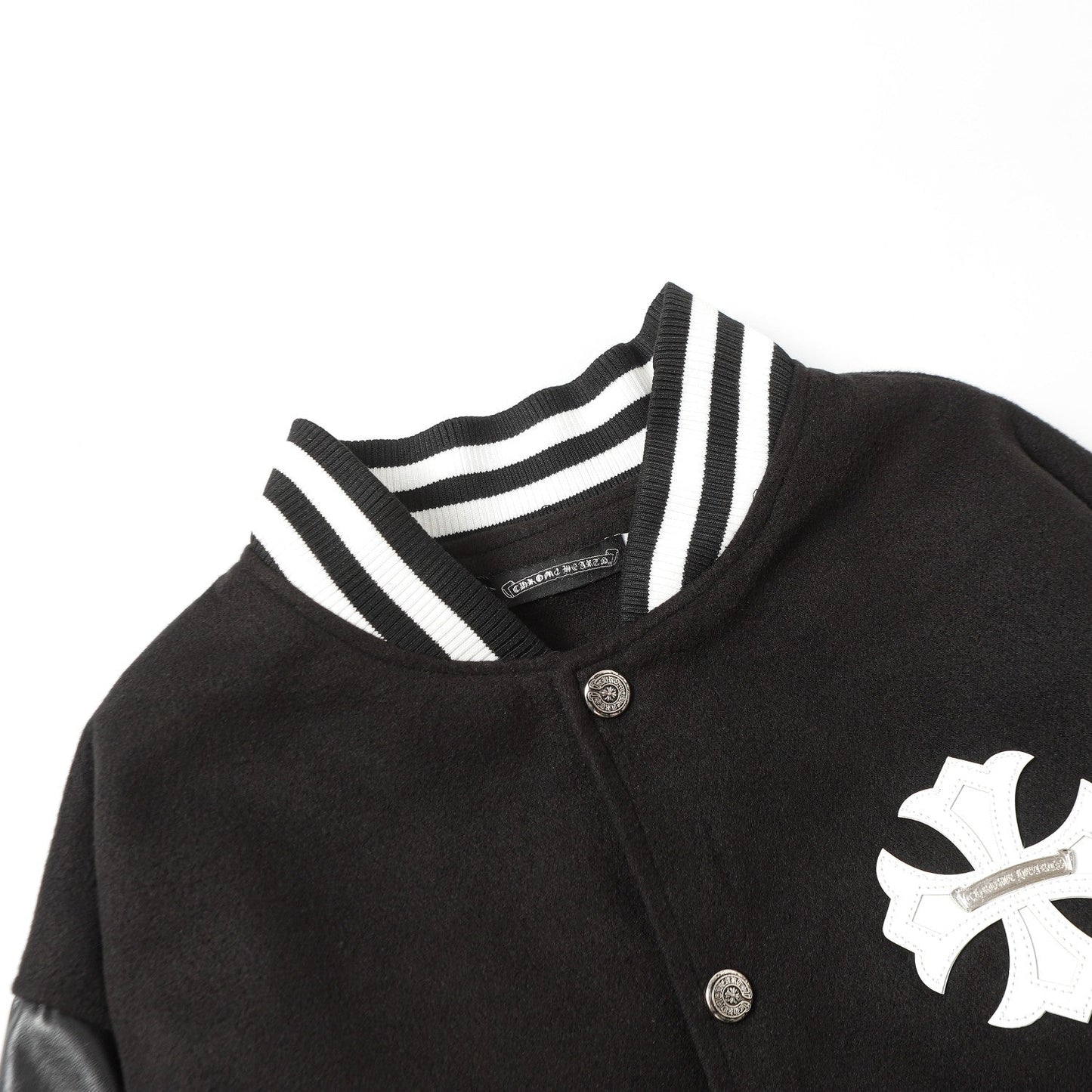 Cross Embroidered Leather Sleeve Varsity Jacket - Black Street Style 116
