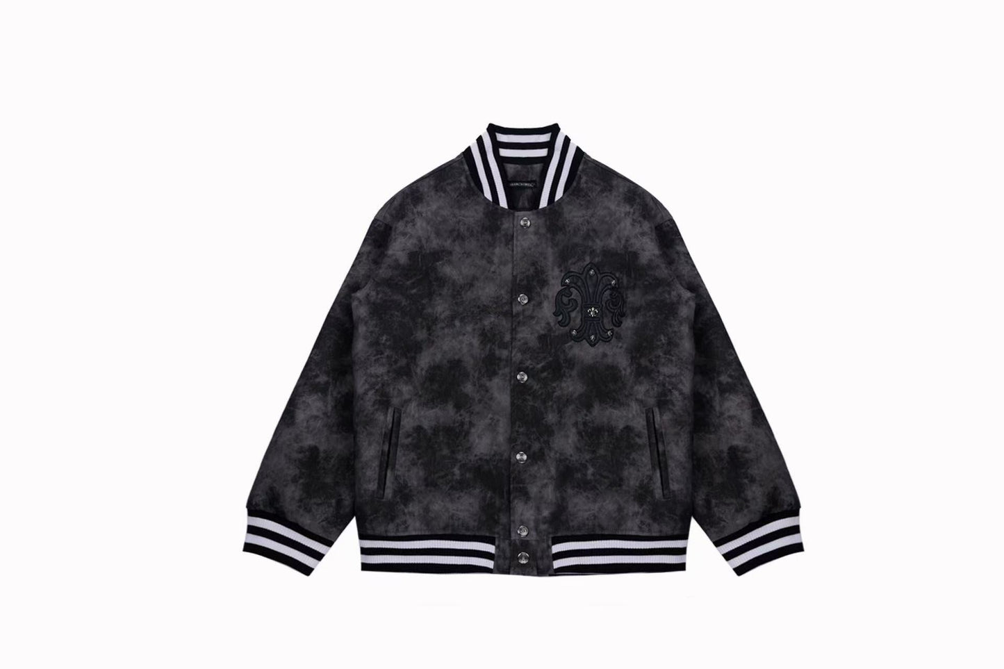 Fleur-de-lis Patch Varsity Jacket - Grey Tie-dye Outerwear A5588
